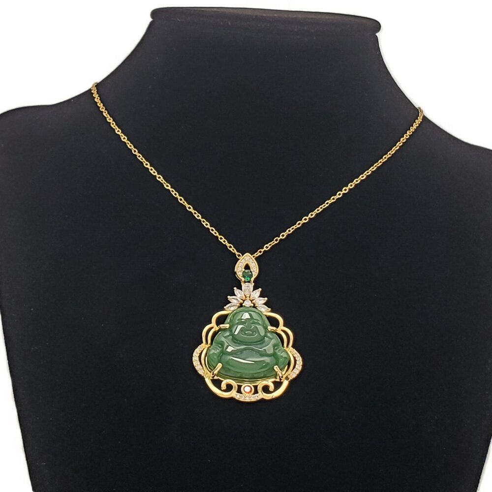 14K Gold Womens .5ct Ruby & Emerald 1ct Diamond Jade Buddha Necklace New Jewelry